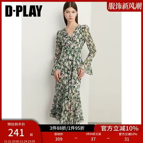 DPLAY秋新法式紫调晕染郁金香茶歇裙V领泡泡袖度假风连衣裙商品大图