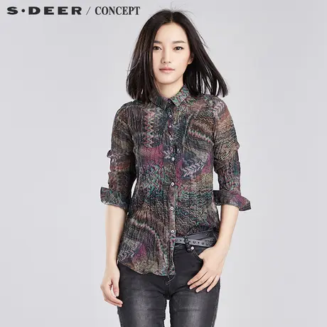 sdeer圣迪奥女繁复斑驳色块印花抓皱衬衫S16380575图片