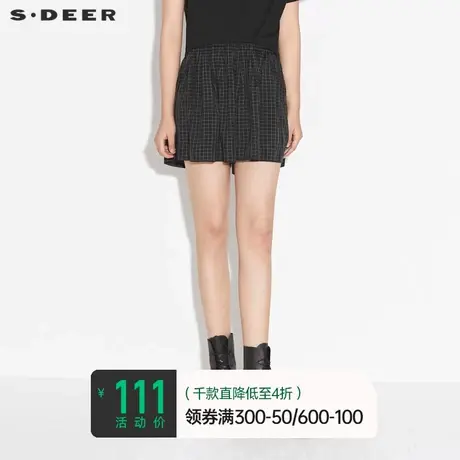 sdeer圣迪奥女装夏季时尚松紧撞色格纹休闲黑色高腰短裤S21280920图片