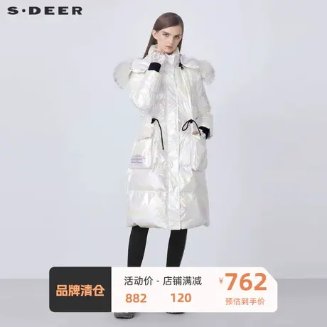 sdeer圣迪奥女装毛领收腰亮面字母罗纹拼接长款羽绒服S21482487图片