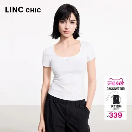 LINC金羽杰2025年夏季新款正肩短袖字母印花大U领半袖T恤女FK302Y商品大图