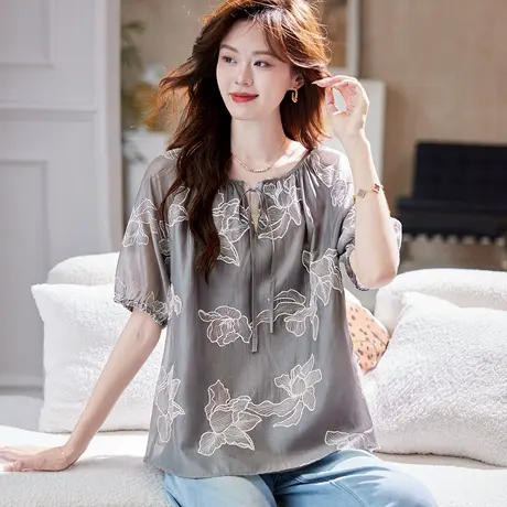 宝诗黎V领系带刺绣短袖衬衫2025夏季洋气宽松休闲百搭莱赛尔衬衣商品大图