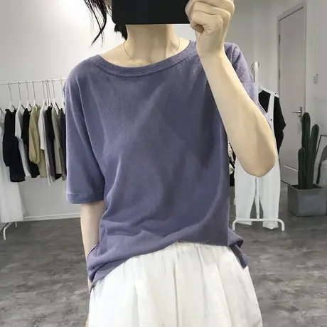 亚麻短袖白T恤女薄款上衣夏韩版圆领宽松透气打底衫复古棉麻体恤商品大图