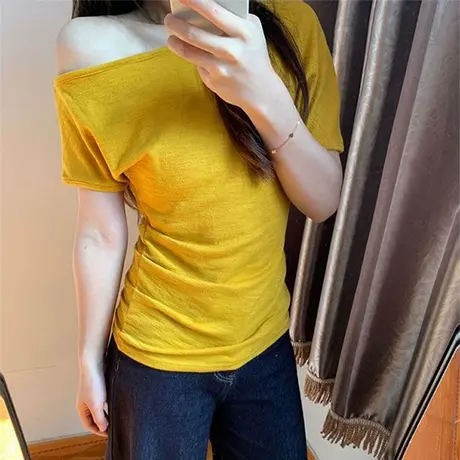 韩系chic甜辣斜肩露肩短袖T恤女夏季修身韩版肌理褶皱感半袖上衣商品大图