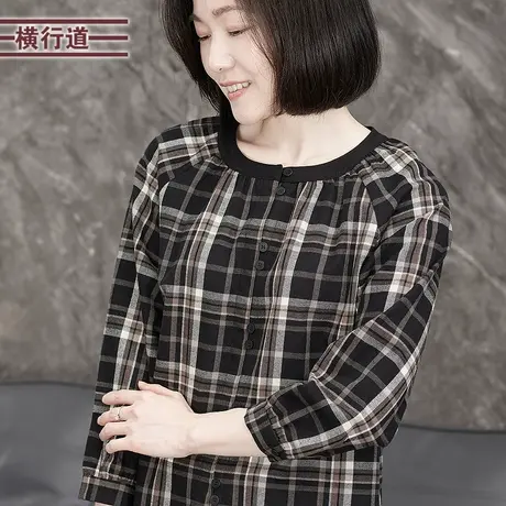 圆领插肩九分袖开衫全棉宽松复古格子上衣衬衫小外套春季女装新款图片