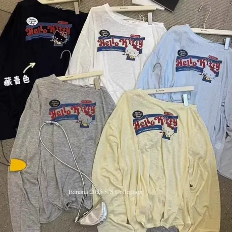 韩国东大门夏季新款卡通印花薄款长袖T恤女宽松防晒斜领露肩上衣商品大图