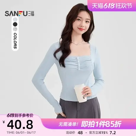三福长袖t恤女2025新款春季蕾丝方领修身短款春季上衣女装490251商品大图