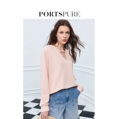 宝姿PORTSPURE女装2025夏季新品松弛慵懒小V领珍珠套头卫衣上衣商品大图
