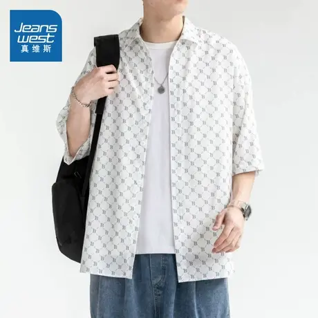 KR真维斯男装短袖衬衫2025夏季新款港风休闲设计感翻领宽松衬衣男商品大图