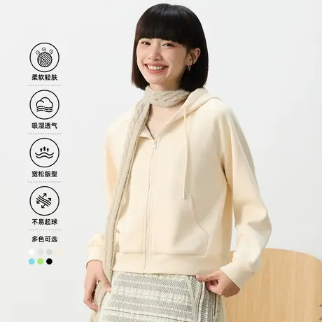 回力杏色卫衣女小个子春秋2025新款宽松休闲连帽短上衣开衫外套Z1商品大图