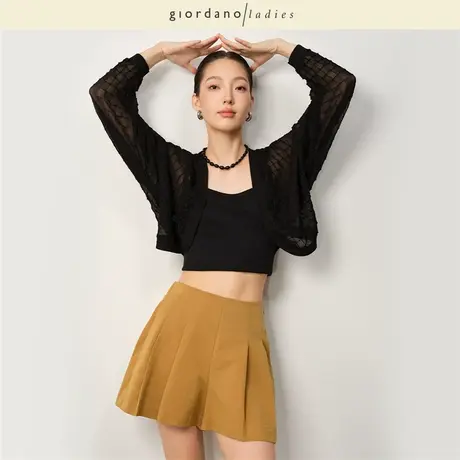 GL女装2025夏季新款格纹提花无扣蝙蝠袖短款薄款针织开衫02355058商品大图