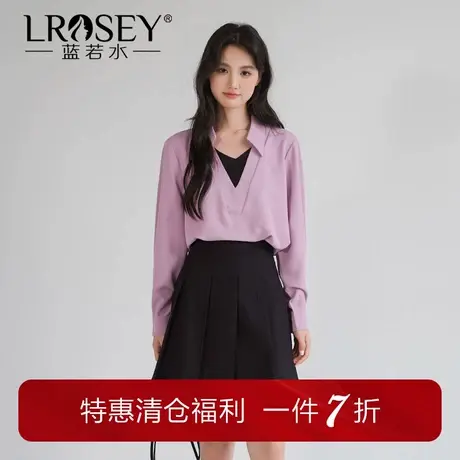 蓝若水大码女装气质V领假两件通勤衬衫胖mm秋装新款别致休闲上衣商品大图