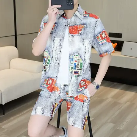 2025新款夏季时尚短袖衬衫套装潮牌两件套男帅气男装潮流半袖衬衣商品大图