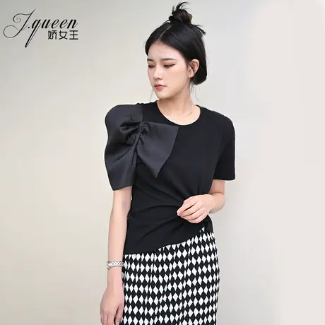 圆领短袖女士夏季新款T恤时尚设计感拼接泡泡袖chic别致显瘦上衣图片