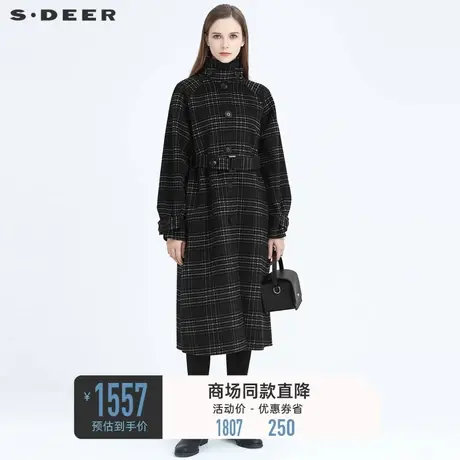 sdeer圣迪奥女时尚格纹立领收腰中长款通勤毛呢大衣外套S20481867🏾商品大图