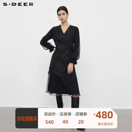 sdeer圣迪奥女装V领格纹收腰网纱泡泡袖连衣裙S23481202🤙商品大图