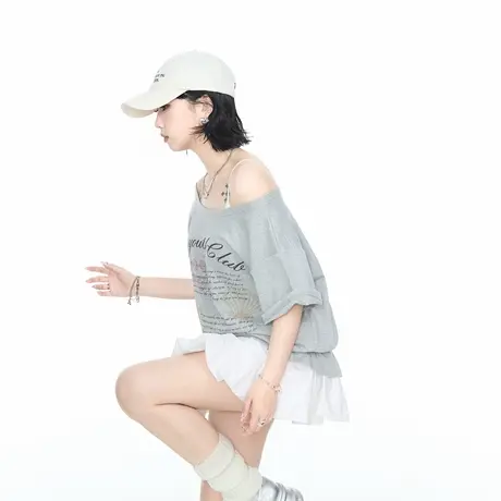 美式辣妹一字领斜肩字母印花短袖T恤女2025夏季新款宽松显瘦上衣图片