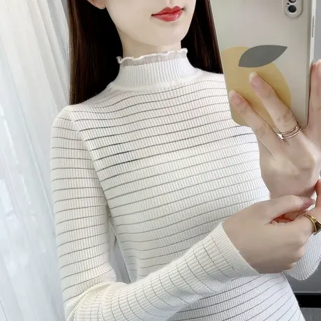 小心机针织衫长袖内搭春秋新款女装镂空上衣短款半高领毛衣打底衫商品大图