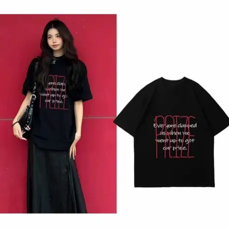 街头慵懒风夏季大版纯棉黑色短袖2025年小众t恤bf风中性款上衣服商品大图