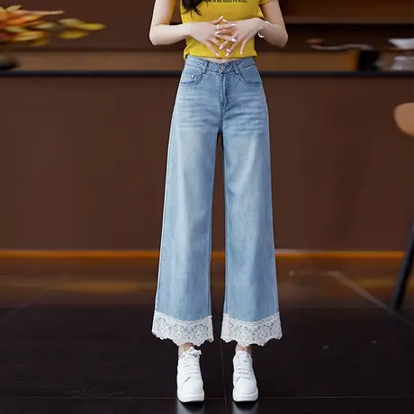 2025夏季新款阔腿牛仔裤女小个子九分裤蕾丝拼接显瘦休闲直筒裤子商品大图