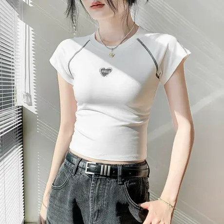 莱赛尔冰丝透气爱心圆领设计感擦肩短袖T恤女装修身显瘦别致上衣图片