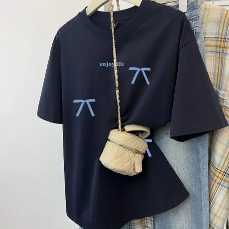 2025夏季小众独特美式气质百搭蝴蝶结印花正肩短袖T恤女纯棉上衣商品大图