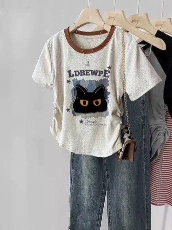 韩系chic猫咪印花t恤女2024夏季新款短款修身闺蜜上衣正肩短袖潮图片