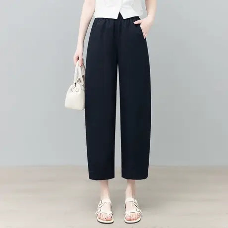 藏青色天丝棉弯刀裤女夏季薄款高腰九分阔腿裤松紧腰窄版直筒裤商品大图