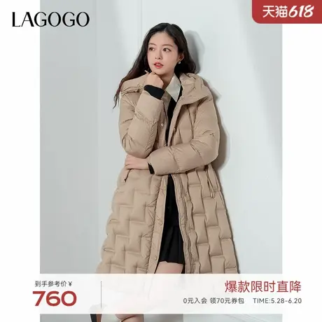 LAGOGO中长款连帽羽绒服女拉谷谷2024年冬季新款配腰带保暖外套商品大图