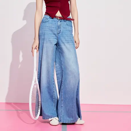 可可尼COCOON商场同款2025夏季时尚设计高腰百搭阔腿蓝色牛仔裤商品大图