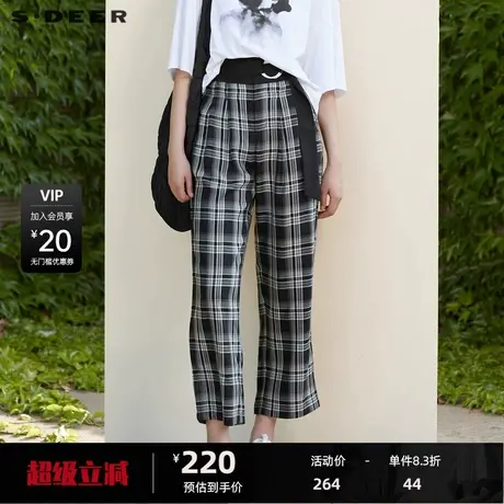 sdeer圣迪奥女装复古高腰撞色格纹直筒长裤S22280837商品大图