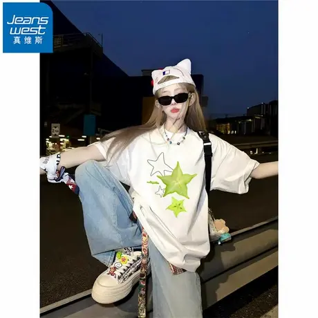 NR真维斯美式高街纯棉短袖t恤女夏季新款别致印花宽松百搭上衣潮图片