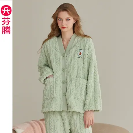 芬腾珊瑚绒睡衣女秋冬季加绒加厚保暖套装法兰绒加大码家居服冬款商品大图