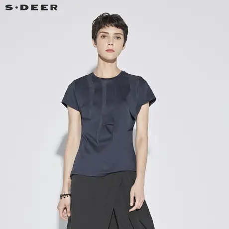sdeer圣迪奥2019夏女装简约打底衫圆领立体裁剪短袖T恤S18280164图片