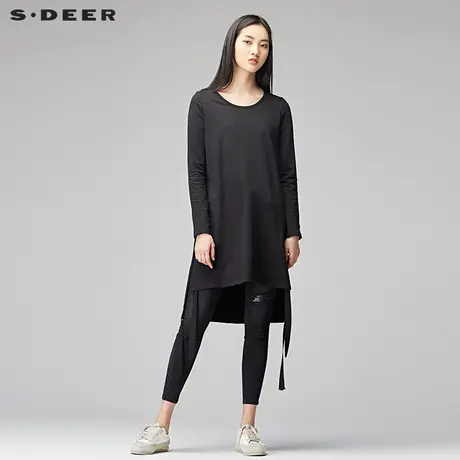 sdeer圣迪奥女酷黑开衩底摆飘带装饰套头圆领长款针织衫S17460241图片