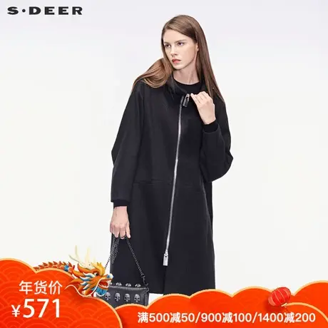 sdeer圣迪奥简约流畅剪裁设计金属拉链装饰高领连帽大衣S18461866图片