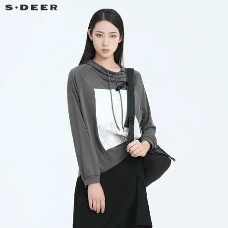 sdeer圣迪奥春秋女装抽象印花灰色宽松连帽抽绳简约卫衣S20180211图片