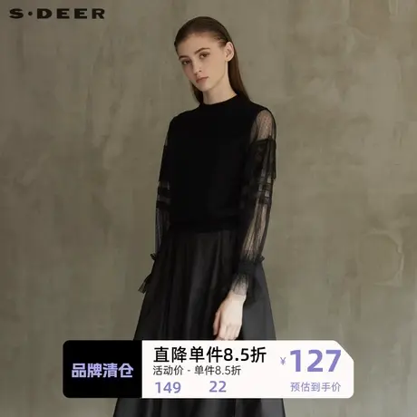 sdeer圣迪奥女装复古罗纹圆领蕾丝网纱黑色针织衫S21463587图片