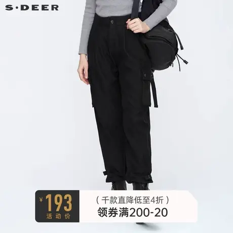 sdeer圣迪奥冬季个性松紧拼接收口时尚黑色工装休闲裤女S20480831图片