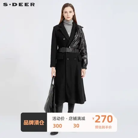 sdeer圣迪奥个性羽绒拼接收腰长款毛呢大衣女外套S20481836图片