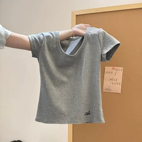 韩系高级感刺绣短袖T恤女夏季修身韩版内搭可外穿打底衫半袖上衣图片