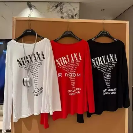 韩国东大门夏季新款时尚字母印花薄款防晒斜领露肩长袖T恤女上衣商品大图