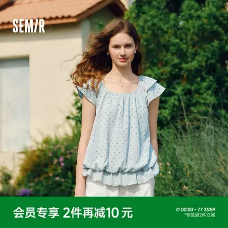 森马短袖衬衫女短款U领拼接波点绣花2025夏新款飞袖花苞上衣甜美图片