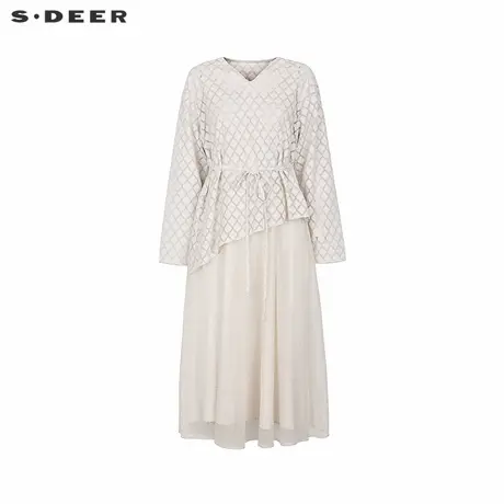 sdeer圣迪奥女装V领格纹收腰网纱连衣裙套装S243Z1410商品大图