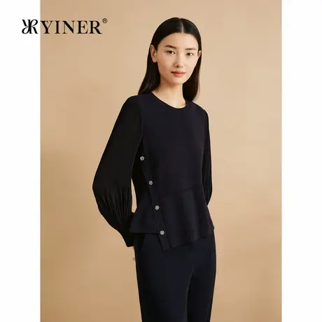 YINER音儿秋季时尚不对称收腰拼压褶雪纺袖毛针织衫图片