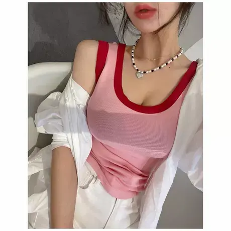 版型好到爆～韩国撞色大U领背心无袖上衣紧身外穿内搭吊带打底衫商品大图