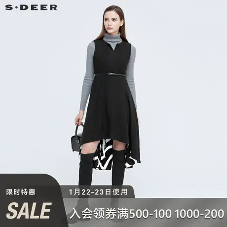 sdeer圣迪奥冬女装休闲V领收腰撞色印花无袖黑色连衣裙S20481224图片