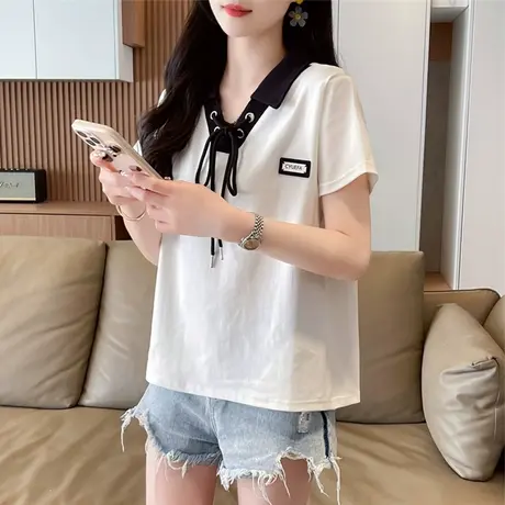 纯棉polo领短袖t恤女夏季韩版宽松大码女装正肩小个子假两件上衣商品大图