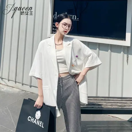 短袖西装外套女夏季薄款韩版气质宽松时尚休闲防晒落肩白色小西服商品大图