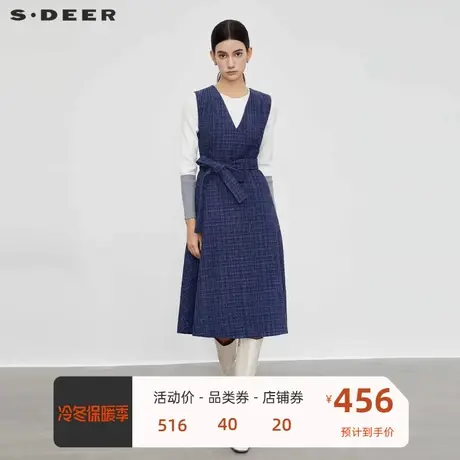 sdeer圣迪奥女装小香风套装V领格纹收腰无袖连衣裙S23461201商品大图